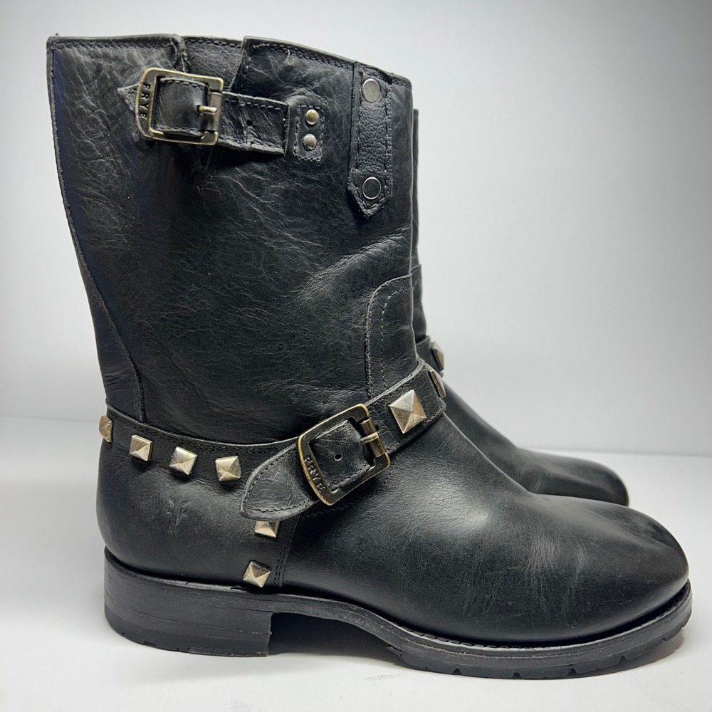 Frye Engineer Boots Black Leather Studded Women Size 10 B Moto Biker Lug Sole